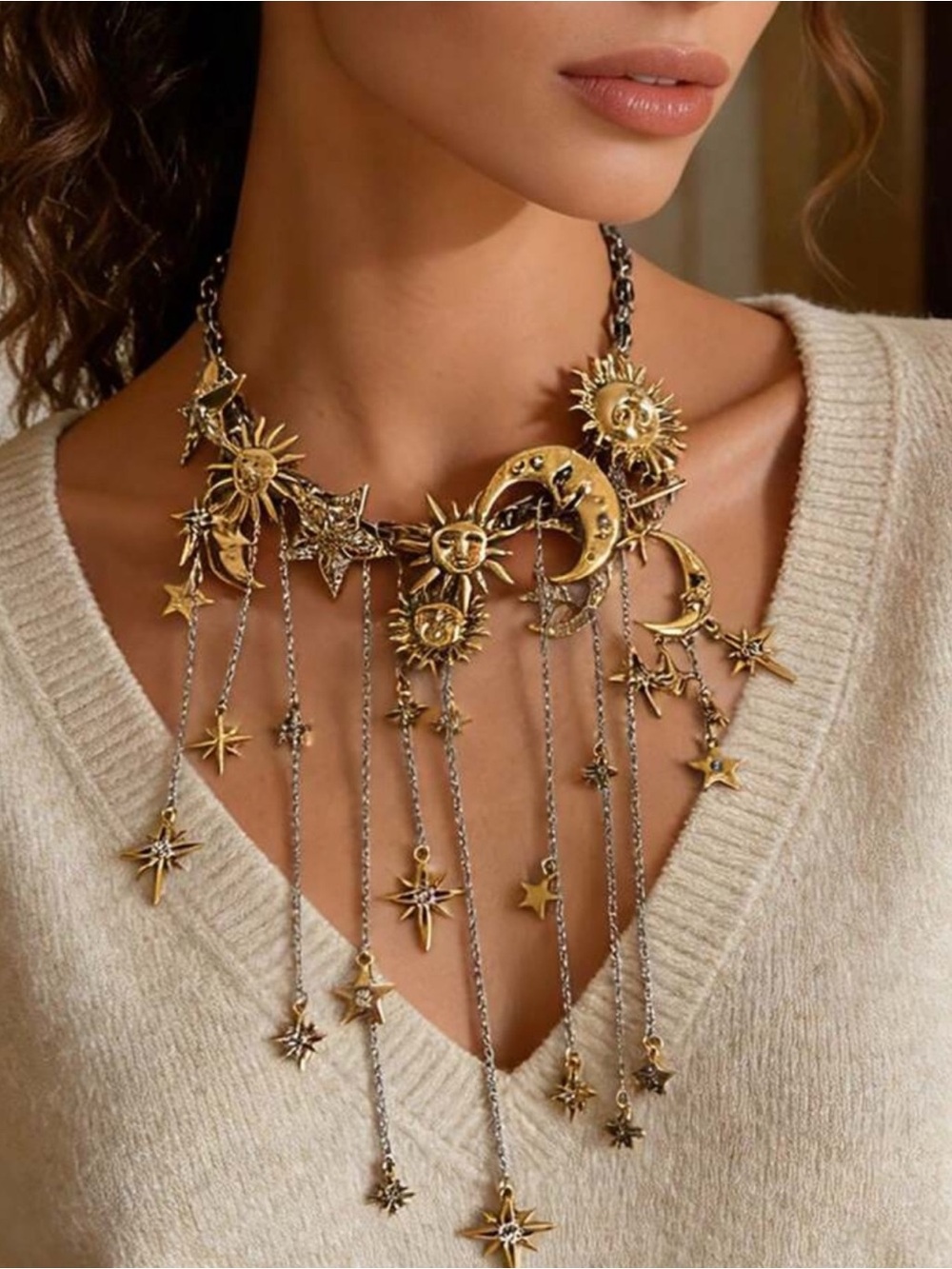 Silver Celestial Sun & Moon Statement Necklace - Women Jewelry